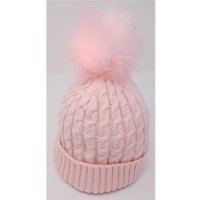 KIDS6216PINK: Baby Cable Knit Fur Pom Hat- Pink (0-6 Months)